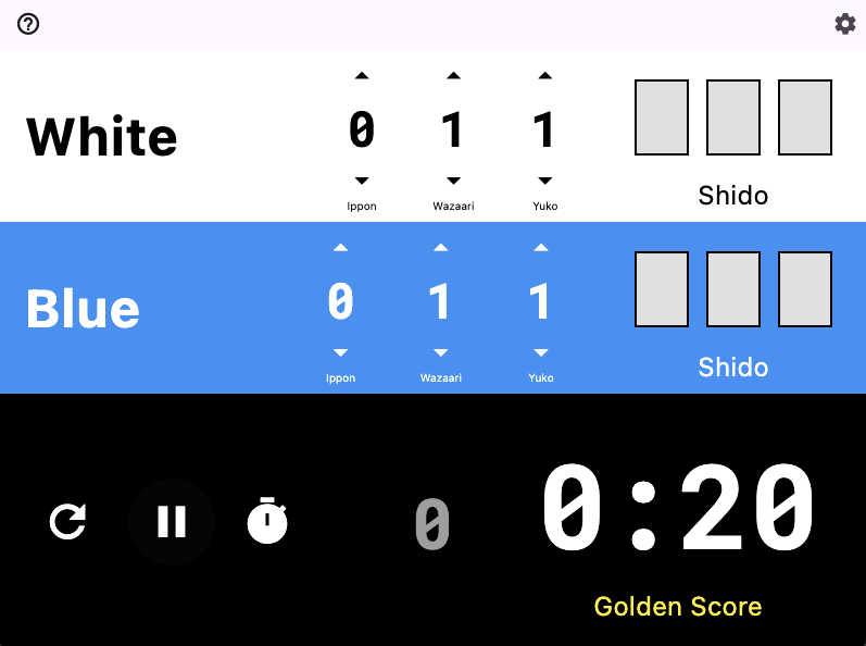 IpponBoard Golden Score mode with active match showing scores and running clock